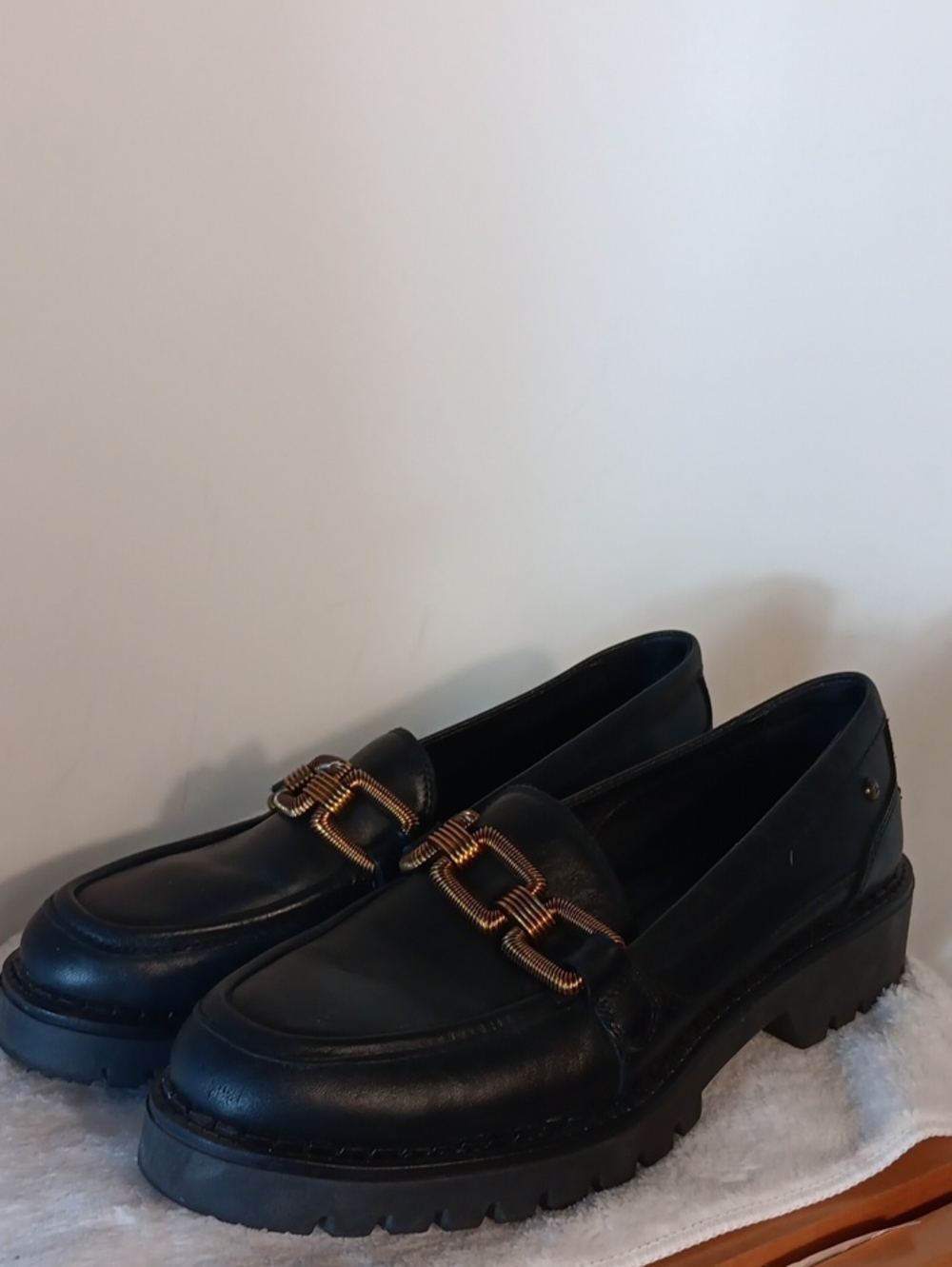 Black Leather Women's Loafers with Gold Chain Detail